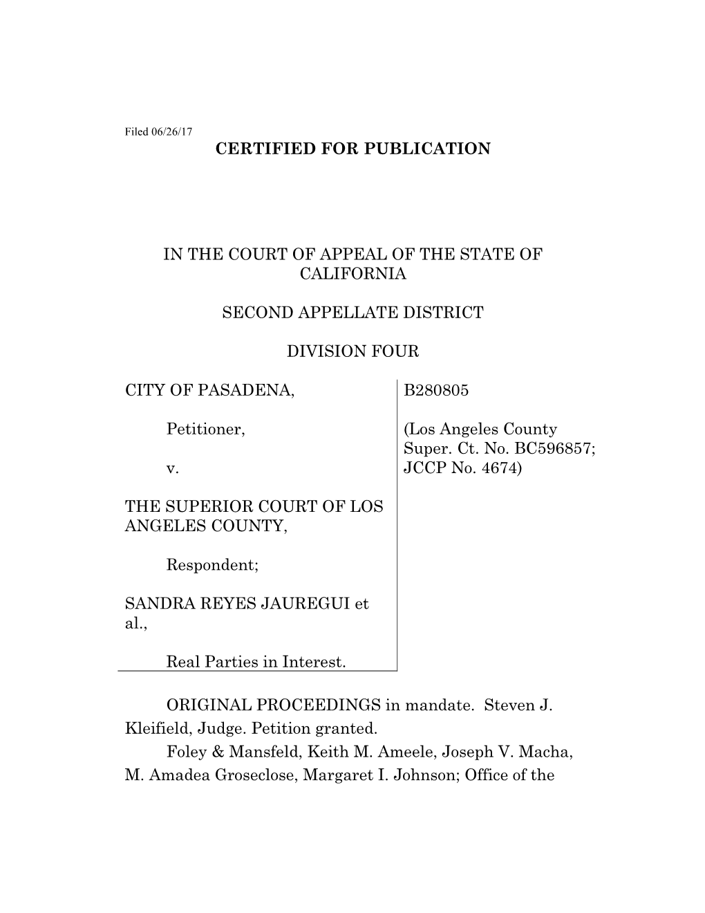 Certified for Publication in the Court of Appeal of the State of California Second Appellate District Division Four City of Pasa