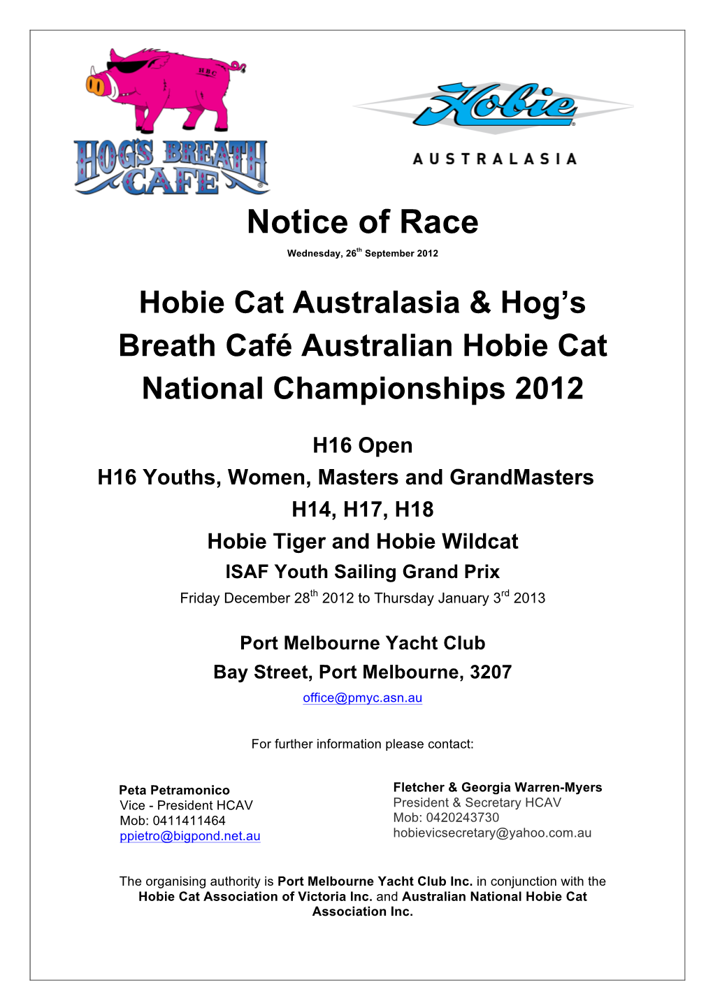 Notice of Race Wednesday, 26Th September 2012