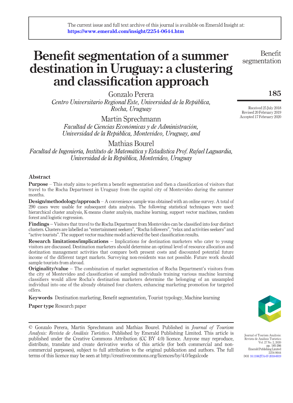 Benefit Segmentation of a Summer Destination in Uruguay