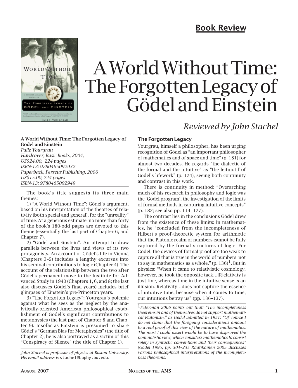 A World Without Time: the Forgotten Legacy of Gödel and Einstein Reviewed by John Stachel