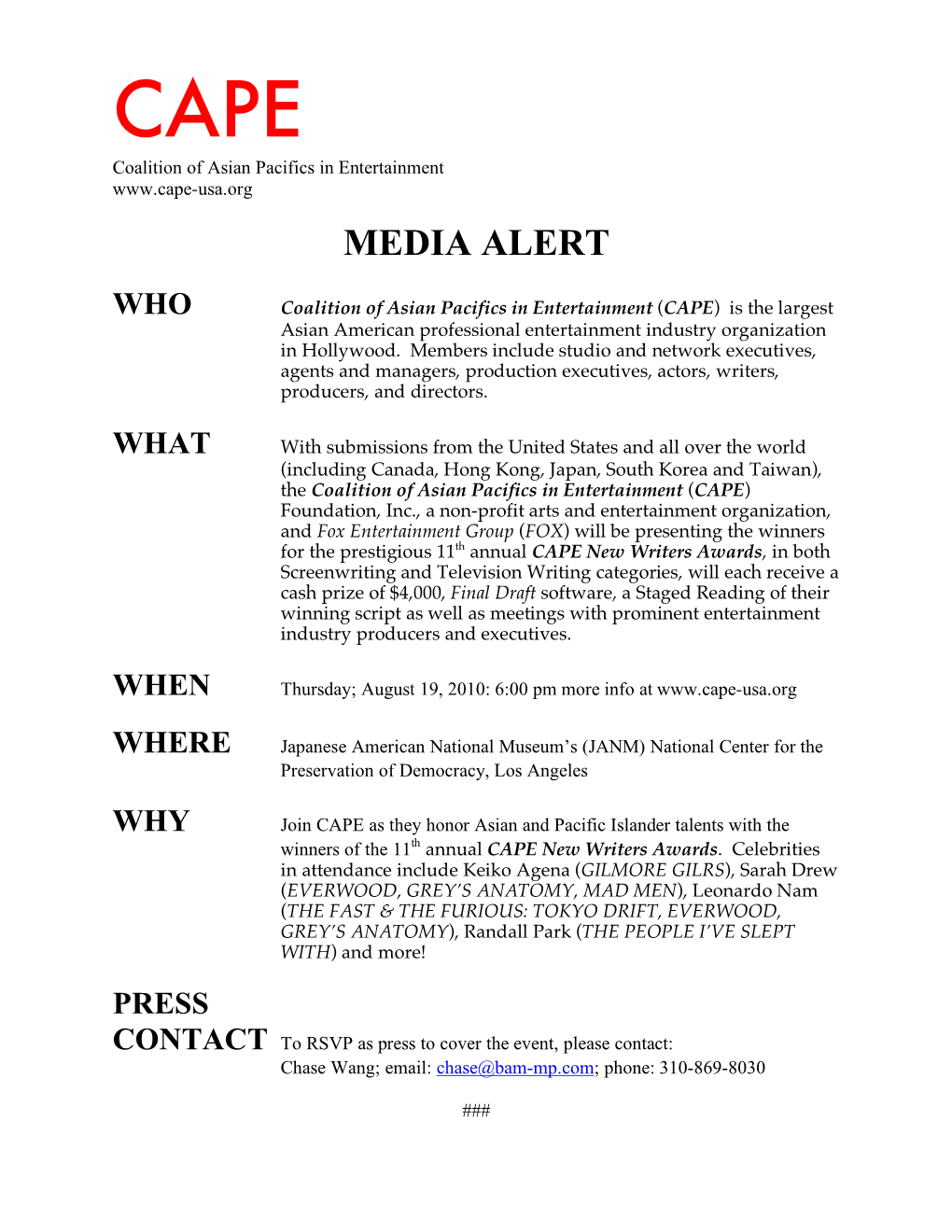 CAPE CFNWA2010 Media Alert