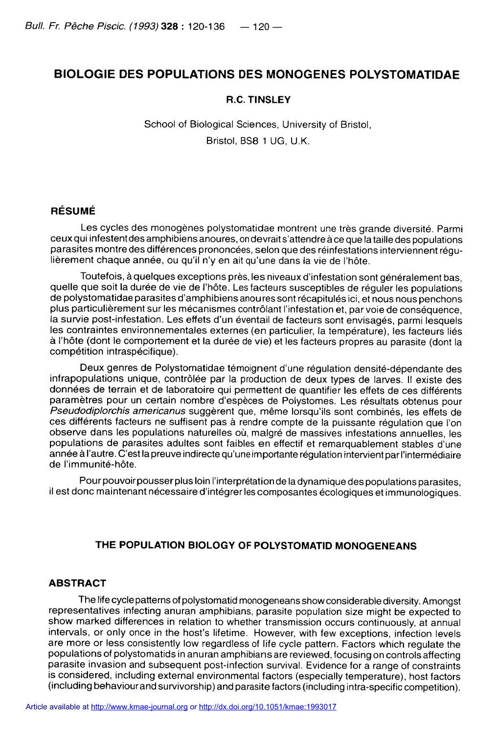 Biologie Des Populations Des Monogènes Polystomatidae