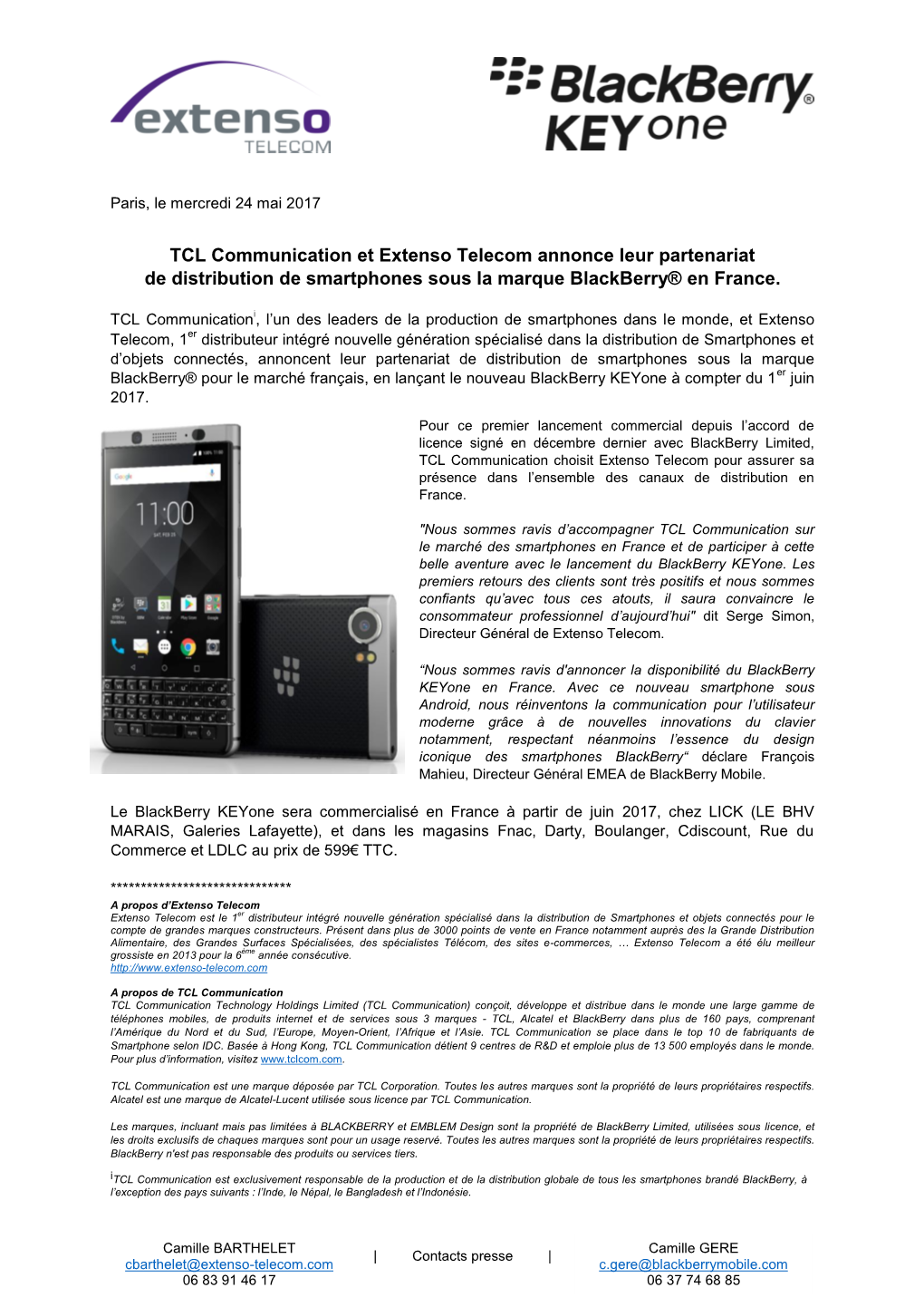 TCL Communication Et Extenso Telecom Annonce Leur Partenariat De Distribution De Smartphones Sous La Marque Blackberry® En France