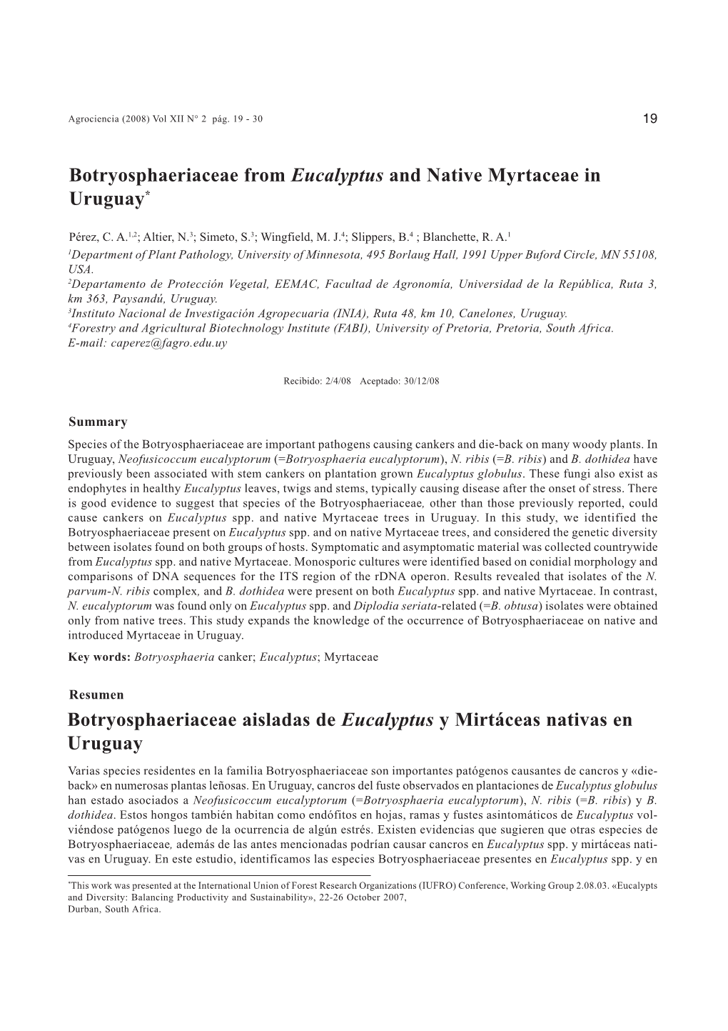 Botryosphaeriaceae from Eucalyptus and Native Myrtaceae in Uruguay*