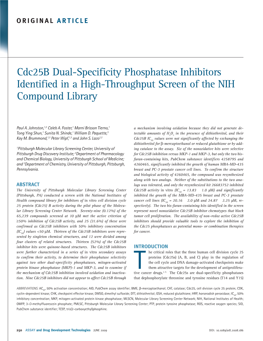 Cdc25b Dual-Specificity Phosphatase Inhibitors Identified in a High-Throughput Screen of the NIH Compound Library