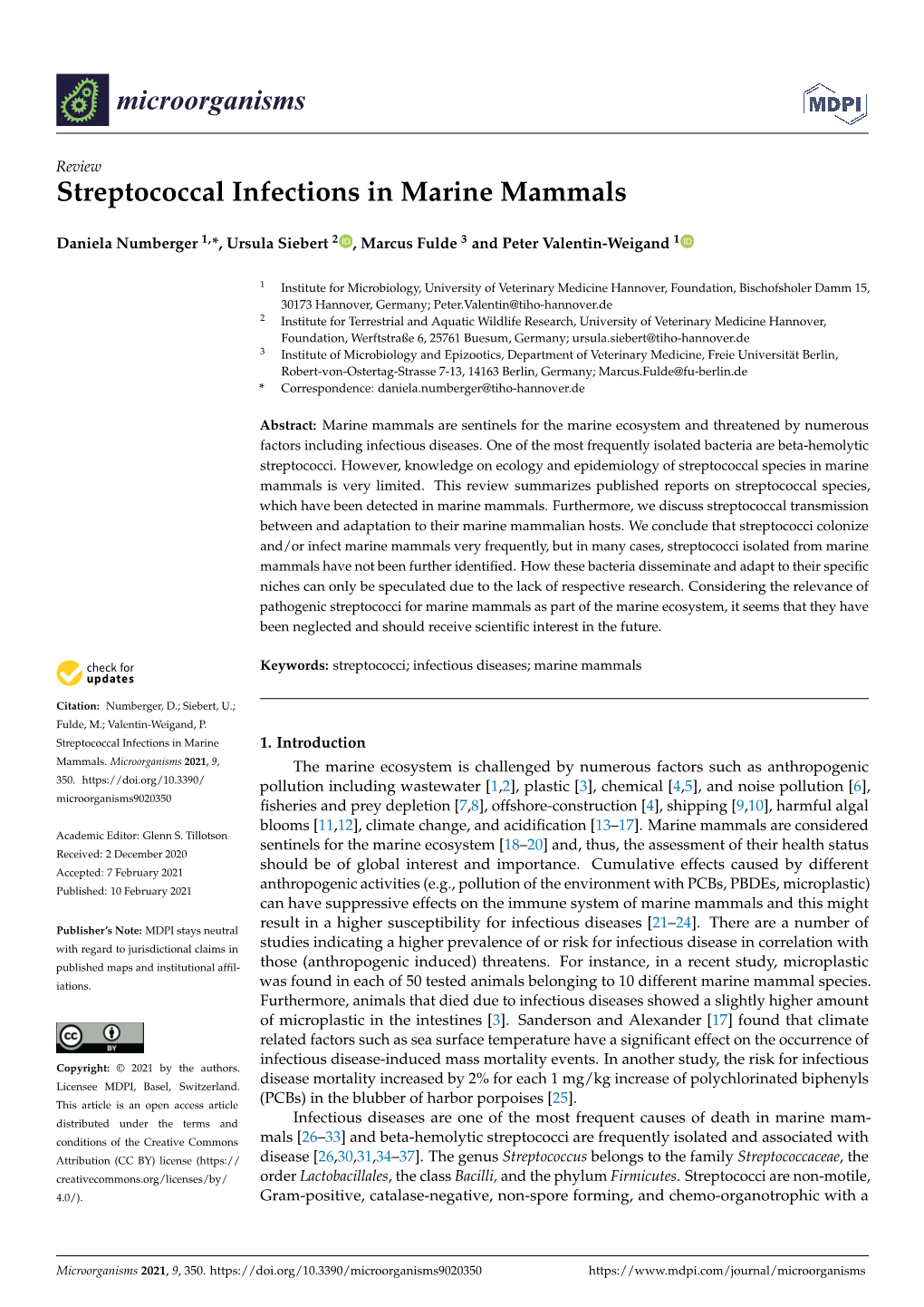 Streptococcal Infections in Marine Mammals