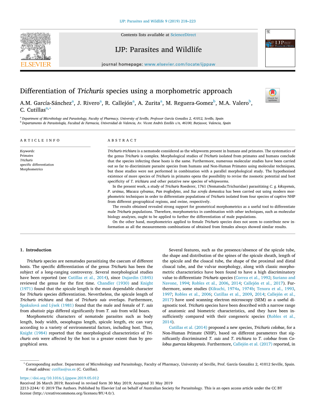 Differentiation of Trichuris Species Using a Morphometric Approach T A.M