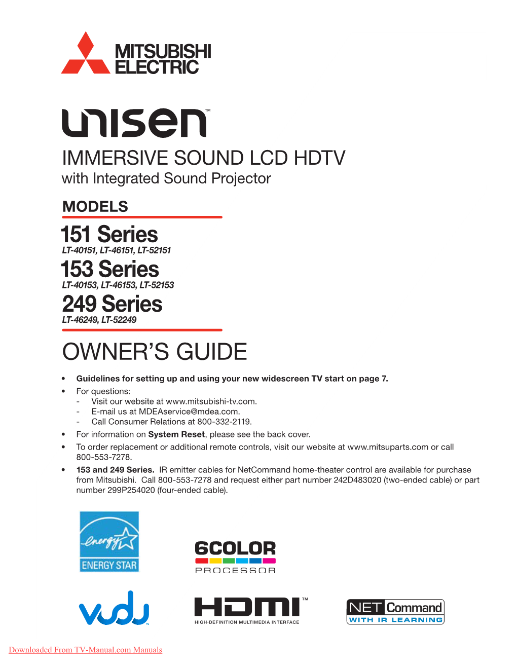 Mitsubishi Electric LT-46151 Tv User Guide Manual Operating