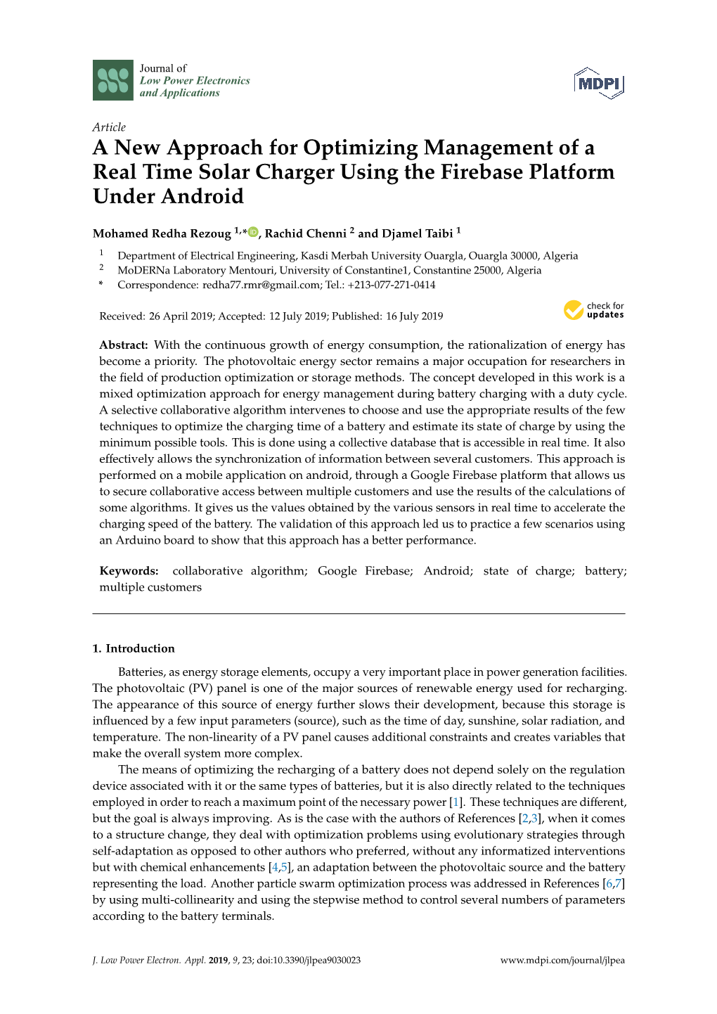 A New Approach for Optimizing Management of a Real Time Solar Charger Using the Firebase Platform Under Android