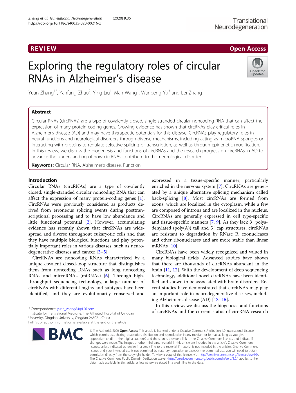 Exploring the Regulatory Roles of Circular Rnas in Alzheimer's Disease