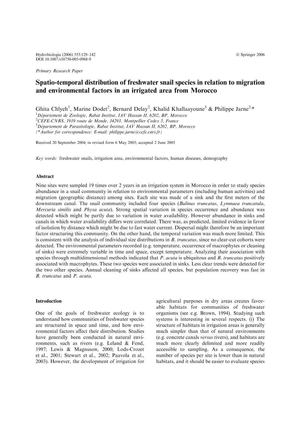 Spatio-Temporal Distribution of Freshwater Snail Species in Relation to Migration and Environmental Factors in an Irrigated Area from Morocco