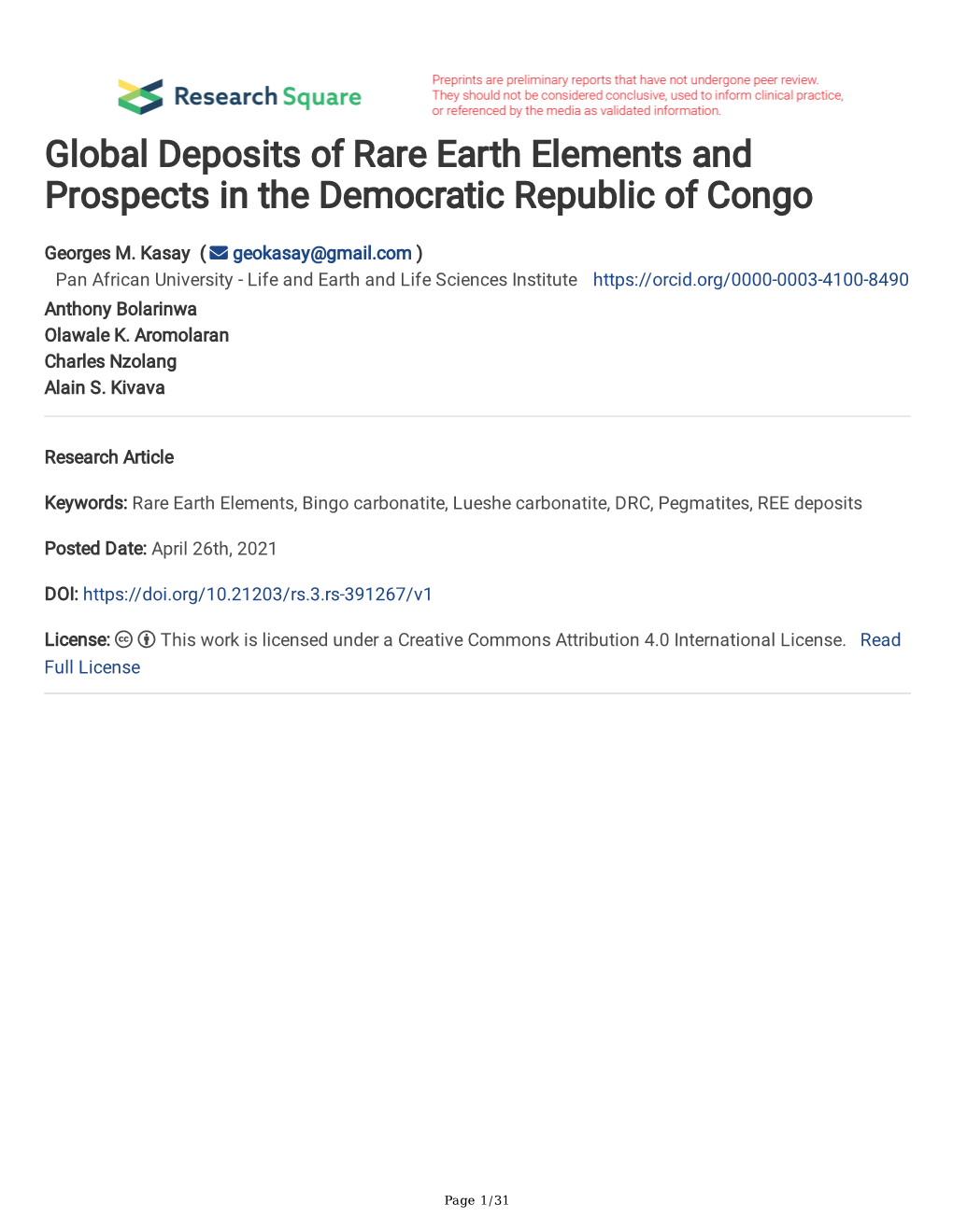 Global Deposits of Rare Earth Elements and Prospects in the Democratic Republic of Congo