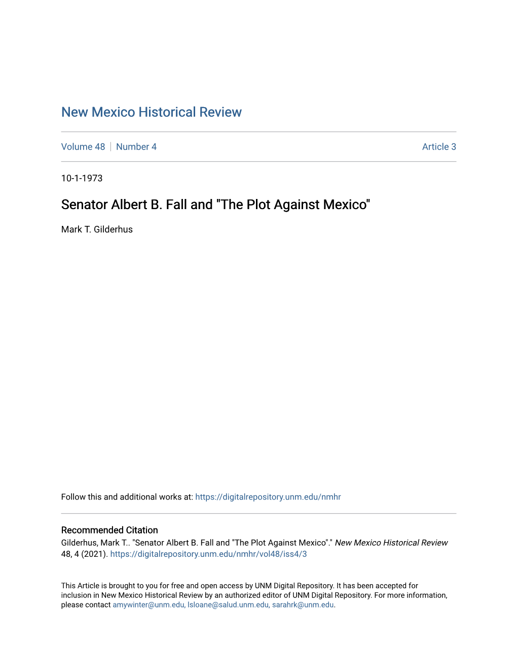 Senator Albert B. Fall and "The Plot Against Mexico"