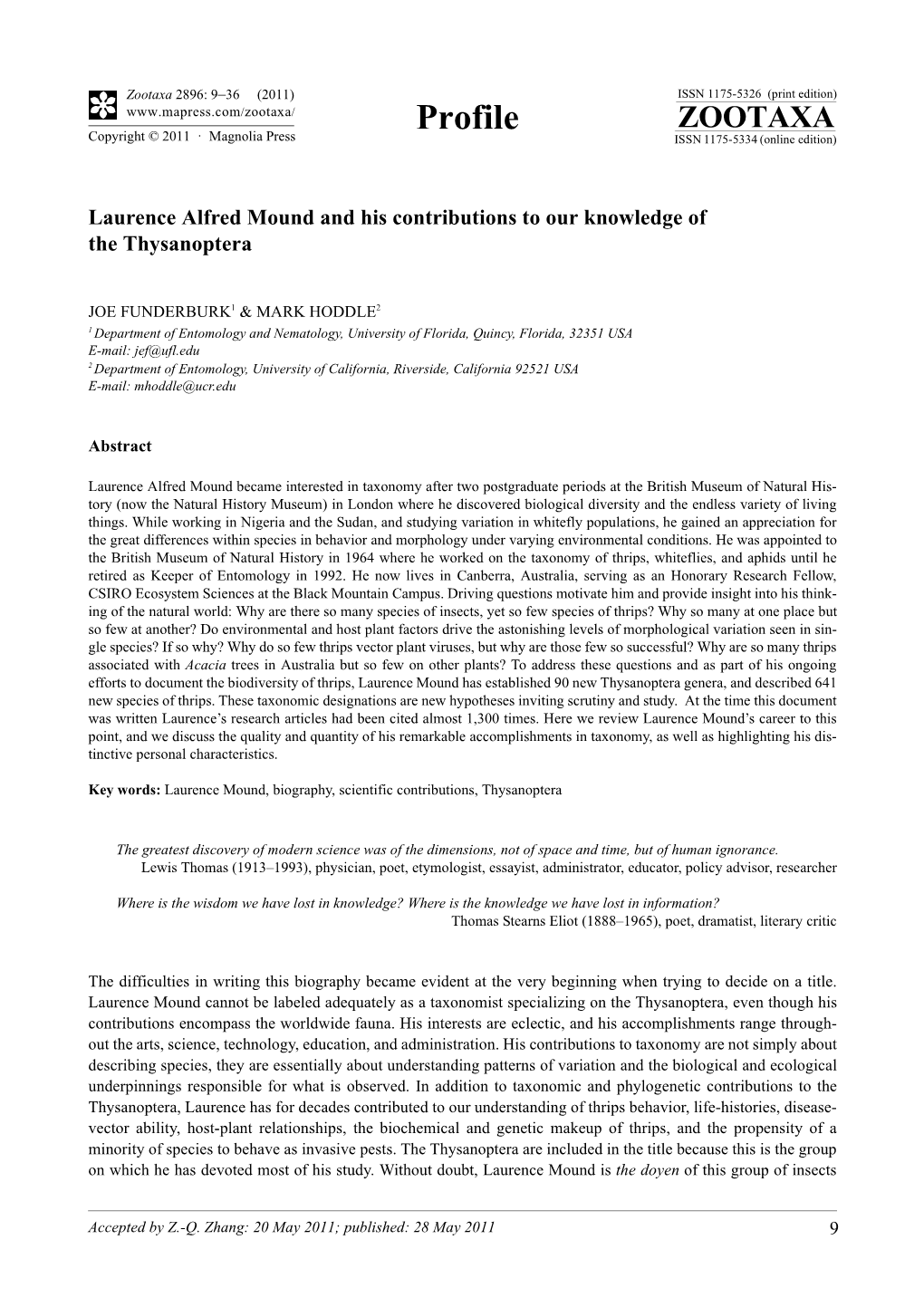 Laurence Alfred Mound and His Contributions to Our Knowledge of the Thysanoptera