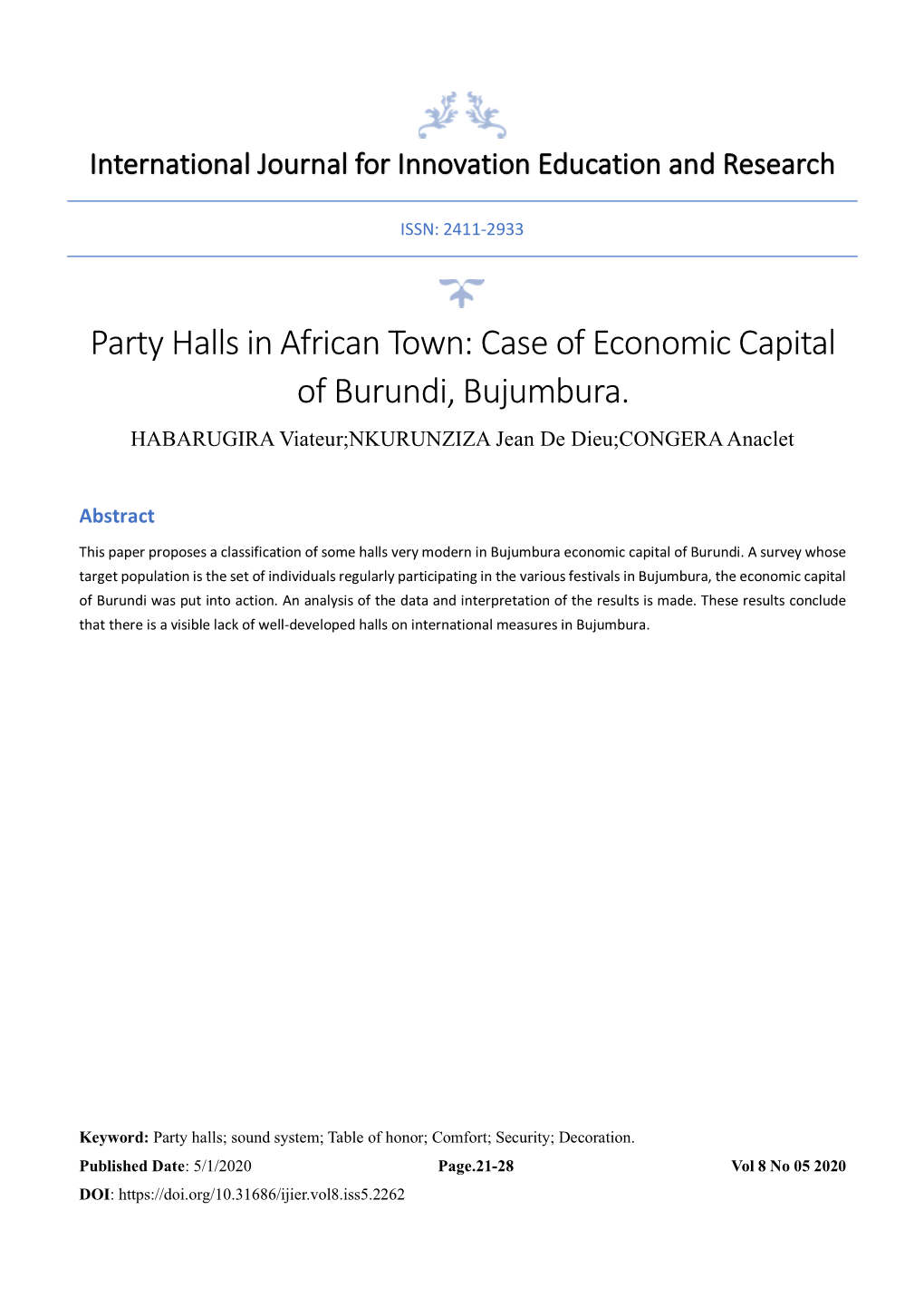 Party Halls in African Town: Case of Economic Capital of Burundi, Bujumbura