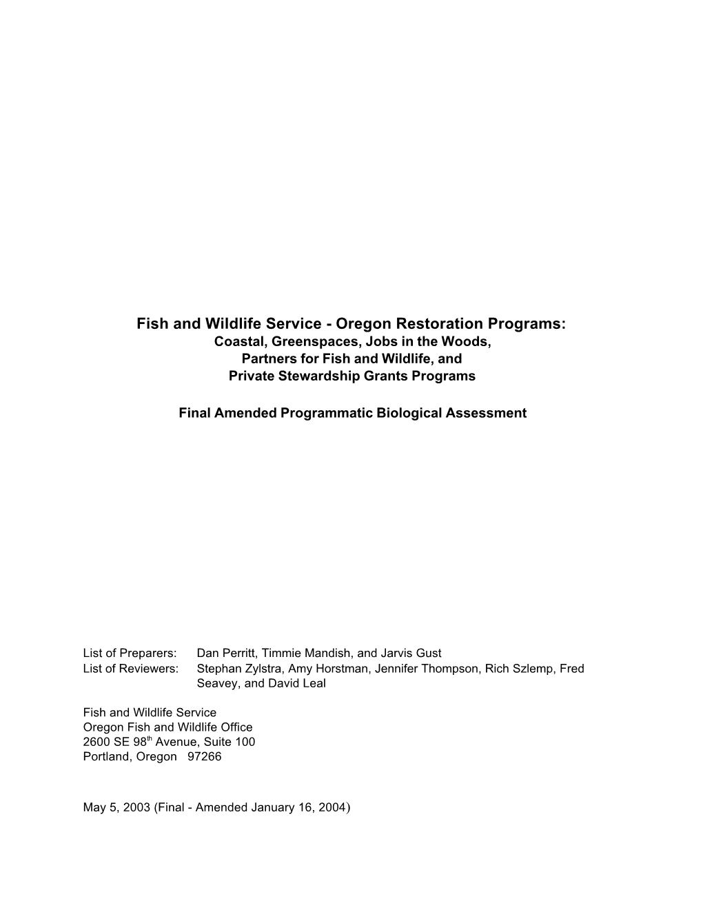 Final Amended Programmatic Biological Assessment