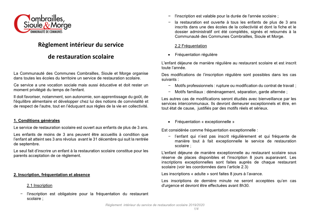 Règlement Intérieur Du Service De Restauration Scolaire 2019/2020 1/4