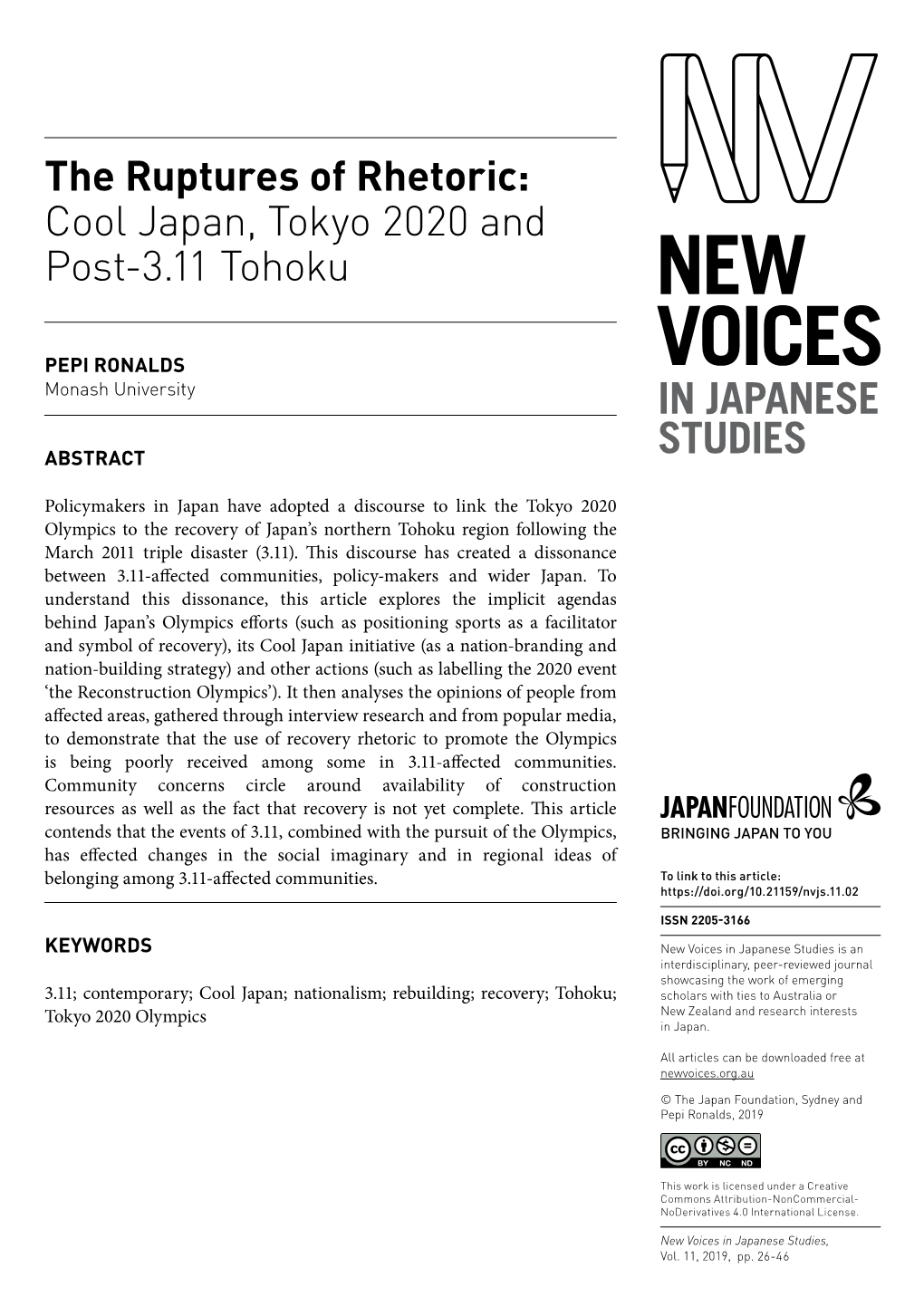 The Ruptures of Rhetoric: Cool Japan, Tokyo 2020 and Post-3.11 Tohoku