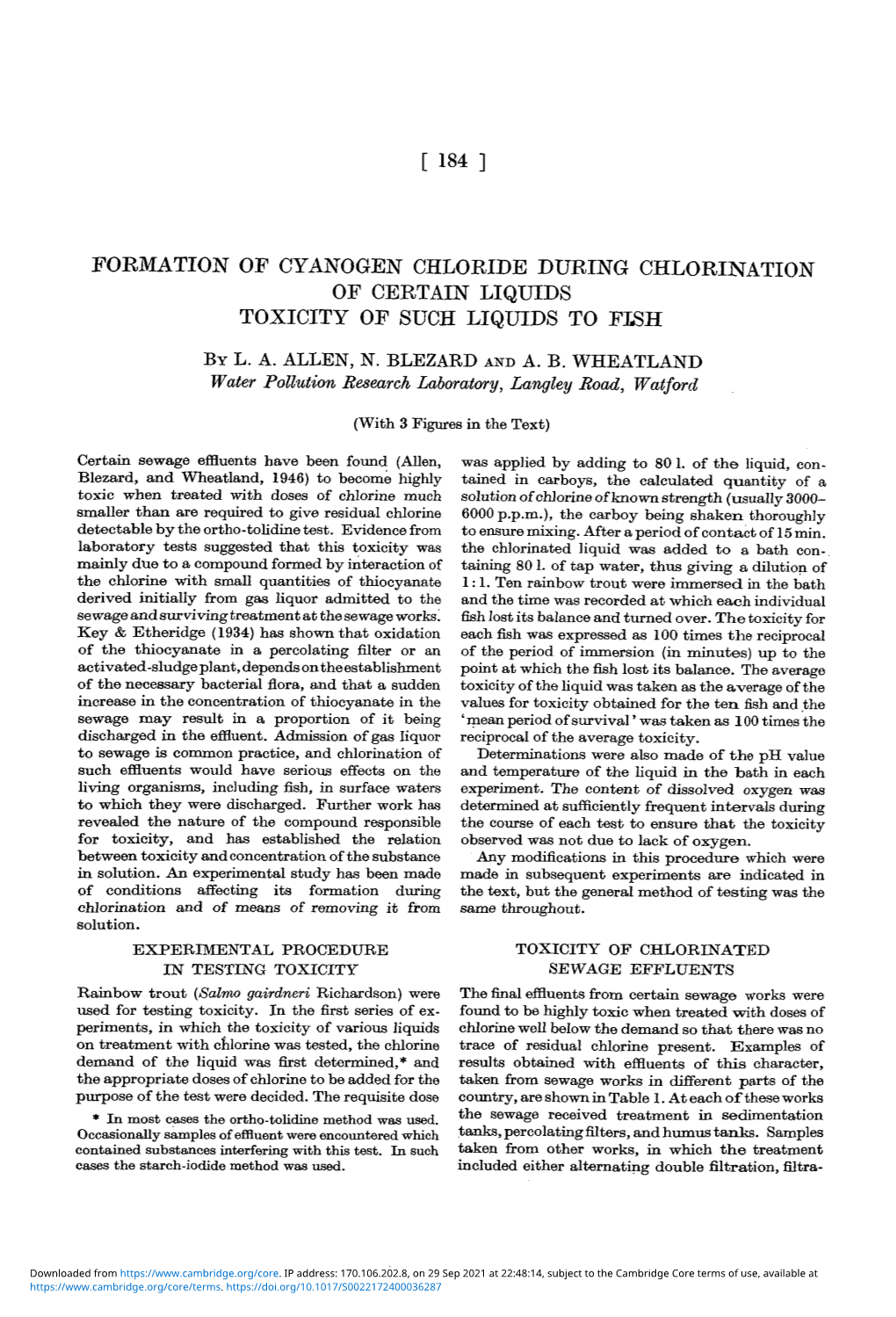 Formation of Cyanogen Chloride During Chlorination of Certain Liquids Toxicity of Such Liquids to Fish