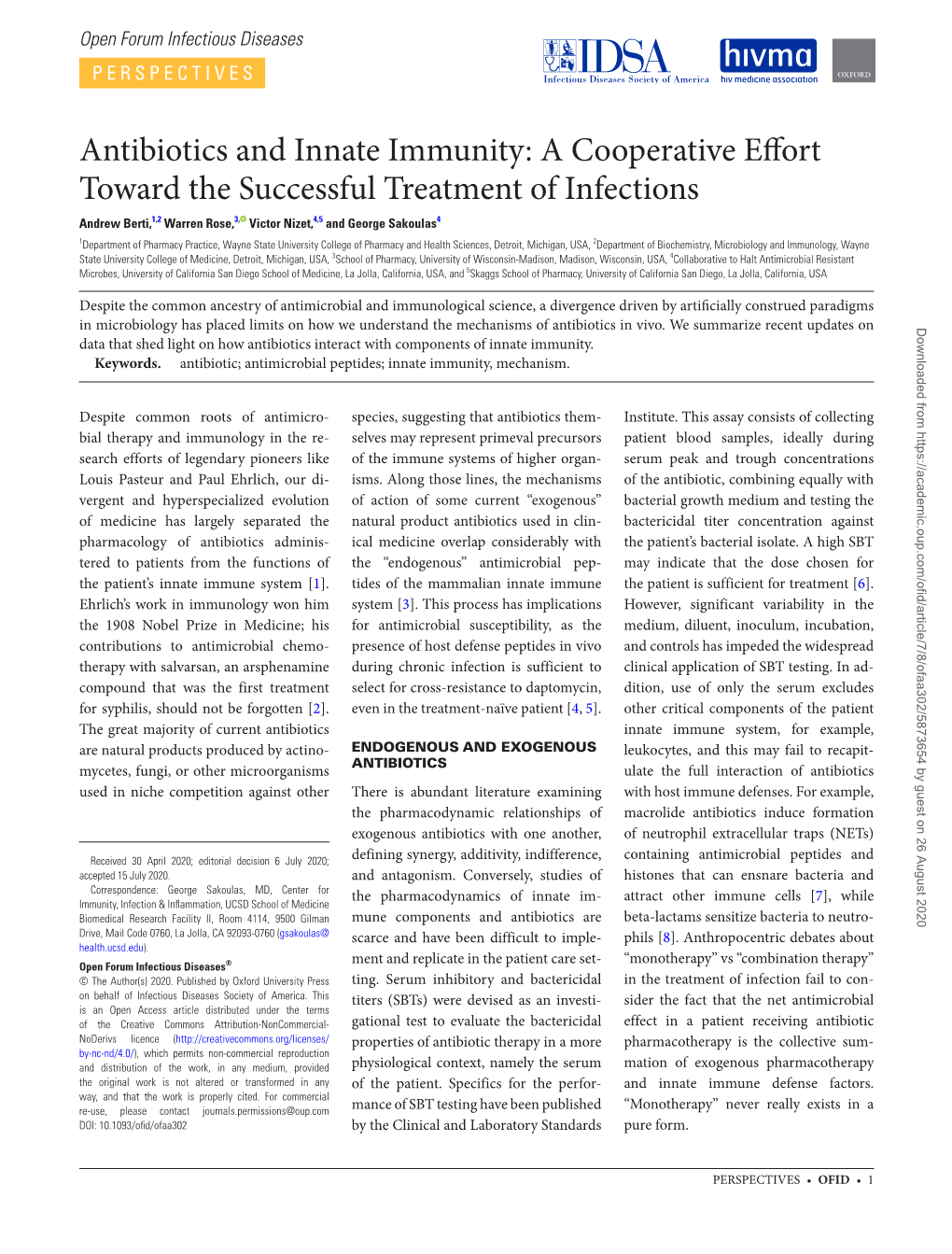 Antibiotics and Innate Immunity: a Cooperative Effort Toward The