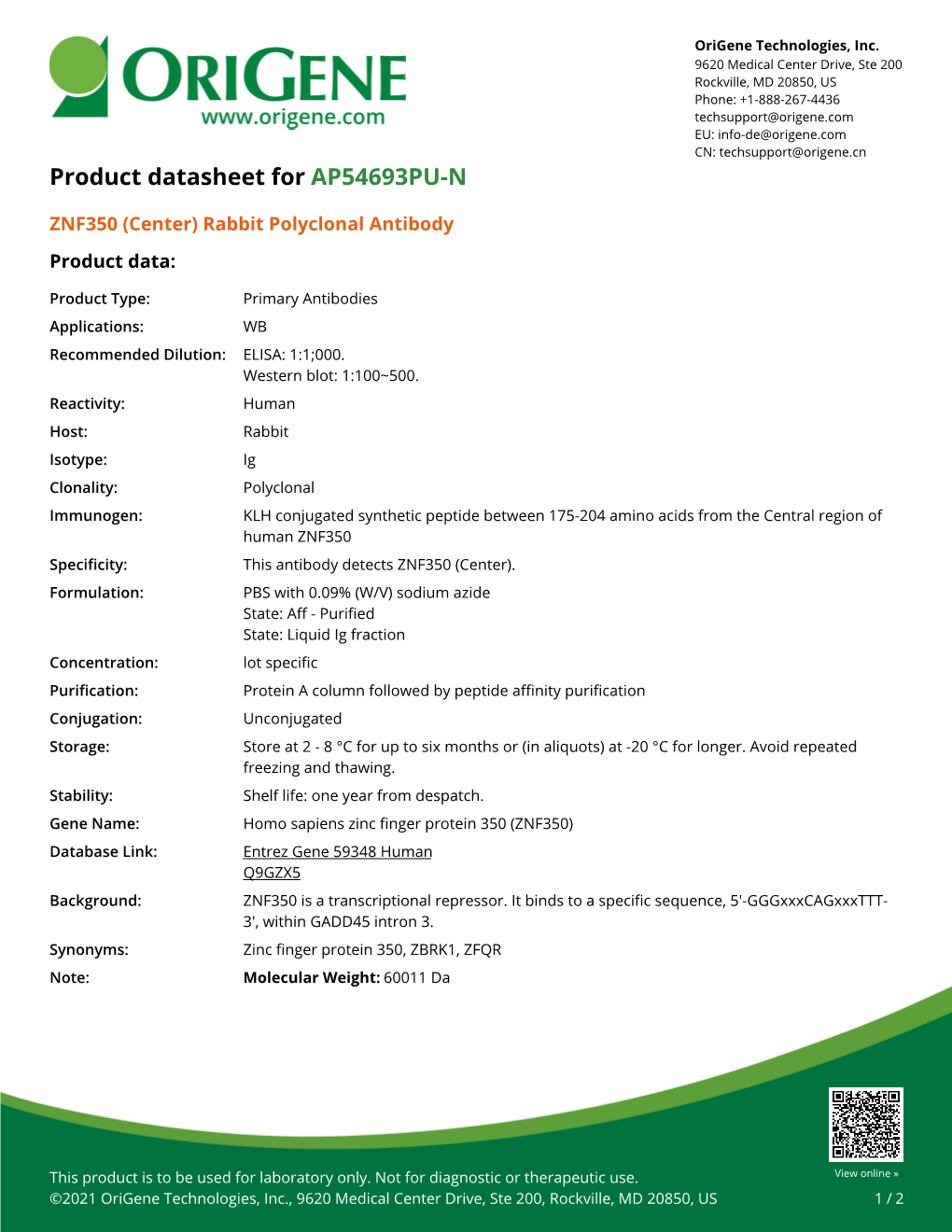 ZNF350 (Center) Rabbit Polyclonal Antibody Product Data