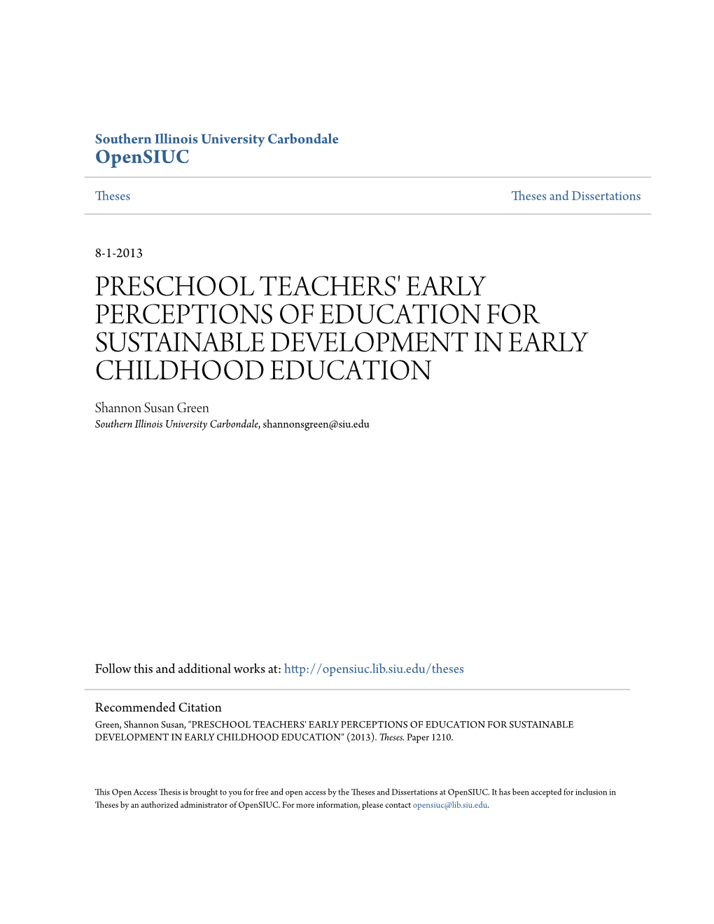 Preschool Teachers' Early Perceptions of Education for Sustainable