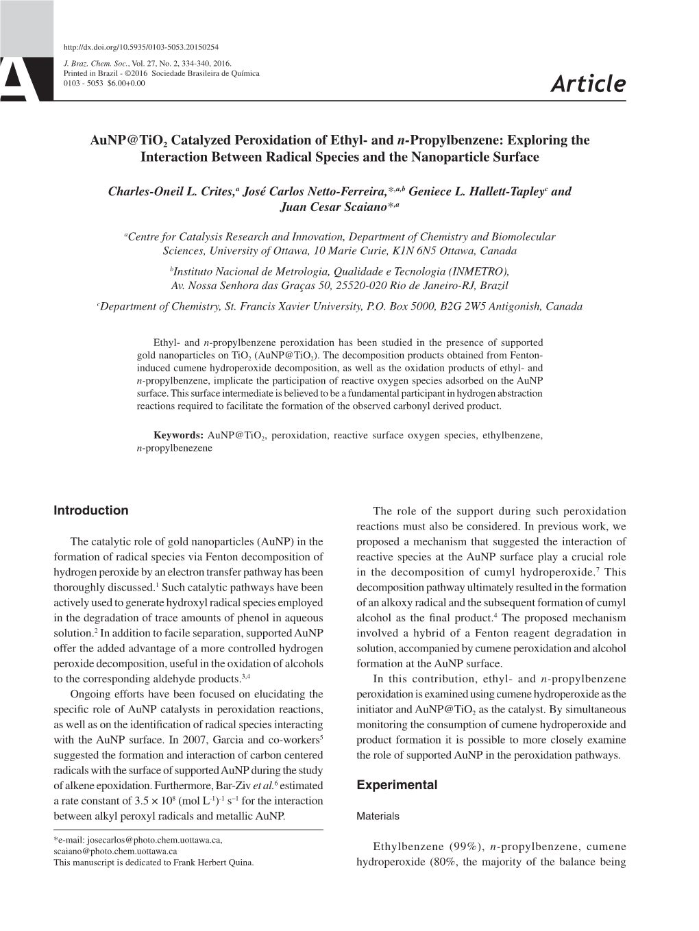 Aunp@ Tio2 Catalyzed Peroxidation of Ethyl-And N-Propylbenzene