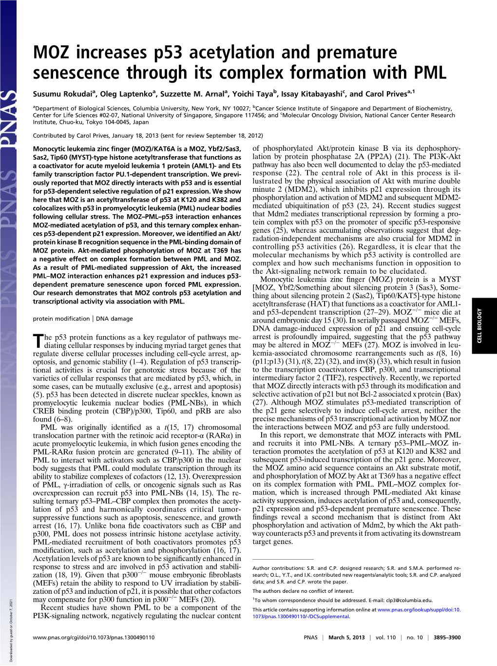 MOZ Increases P53 Acetylation and Premature Senescence Through Its Complex Formation with PML