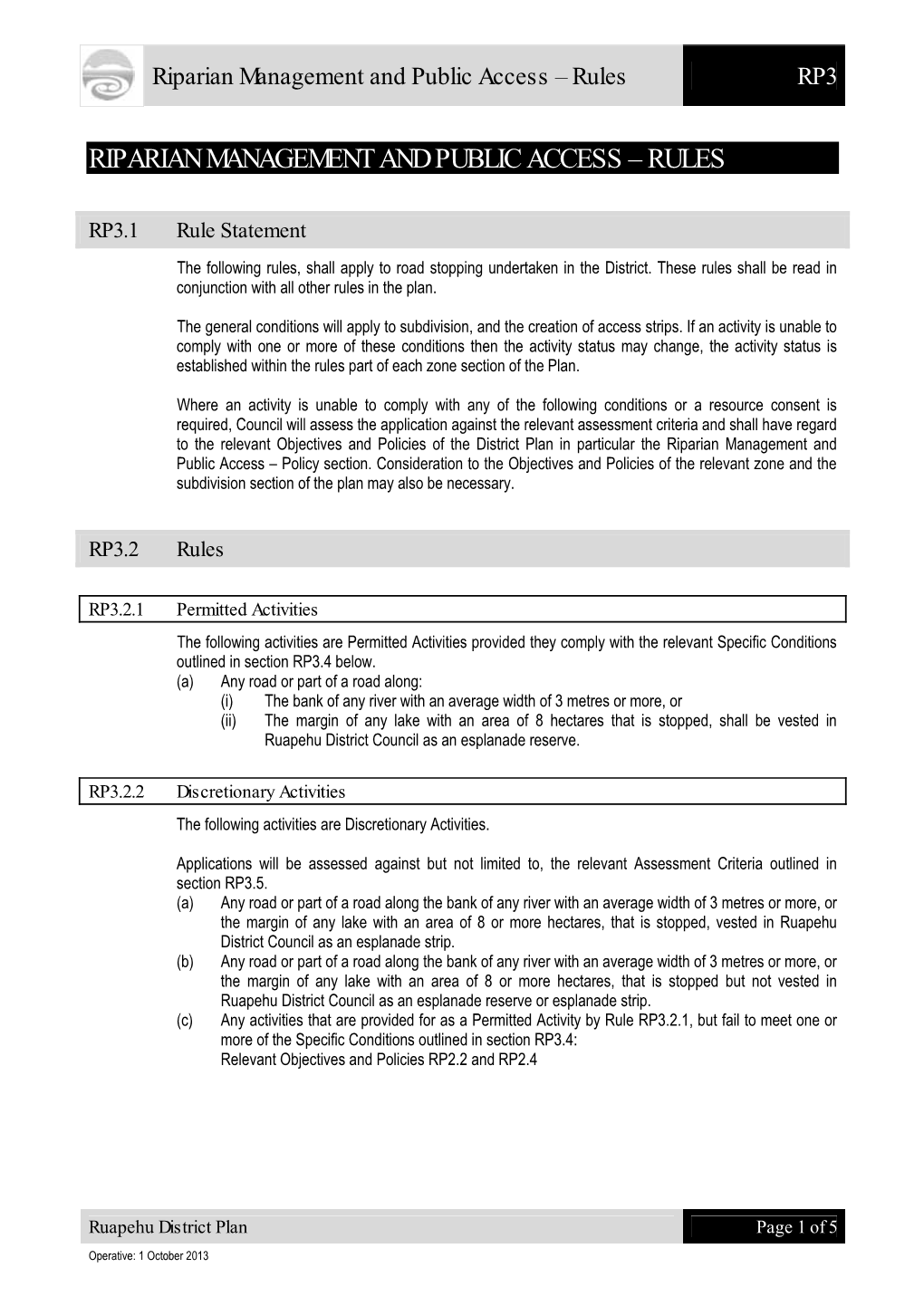 Riparian Management and Public Access – Rules RP3