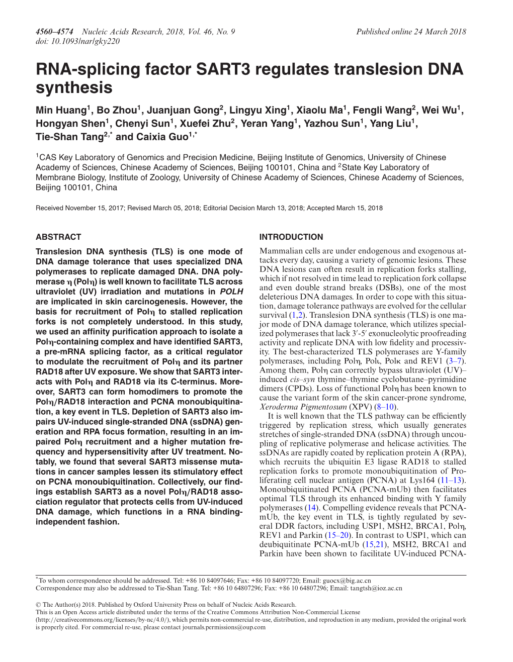 RNA-Splicing Factor SART3 Regulates Translesion DNA Synthesis