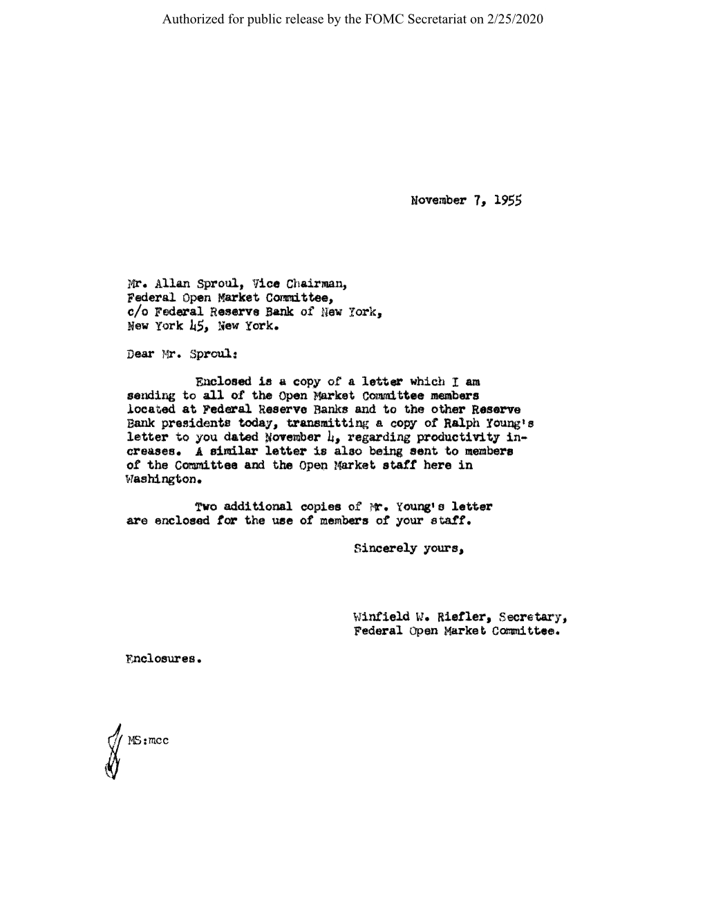 Letter to Open Market Committee, November 7, 1955