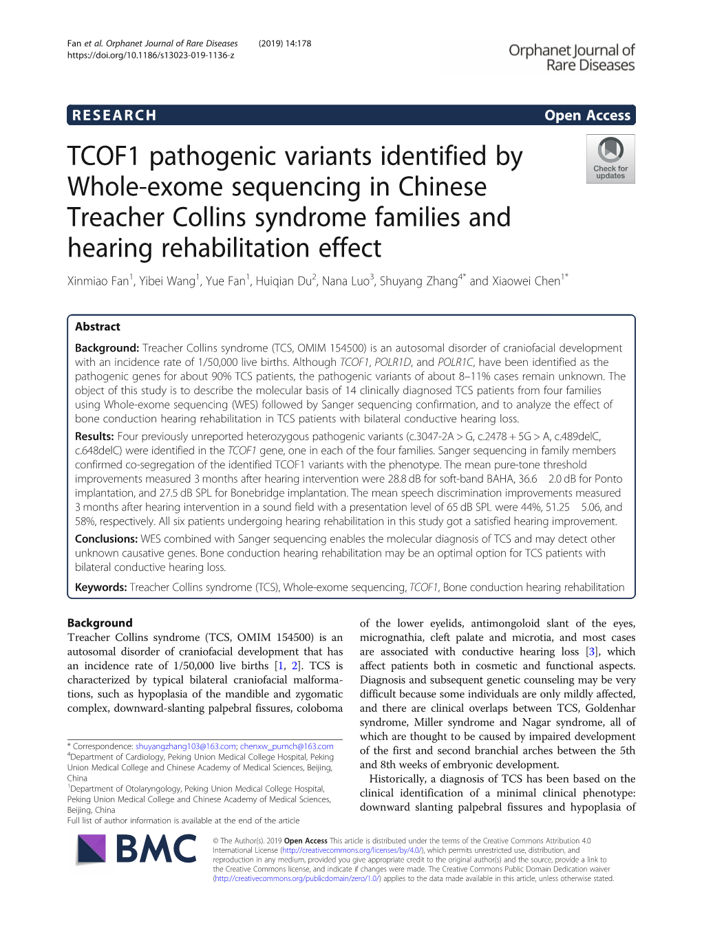 TCOF1 Pathogenic Variants Identified by Whole-Exome Sequencing in Chinese Treacher Collins Syndrome Families and Hearing Rehabil