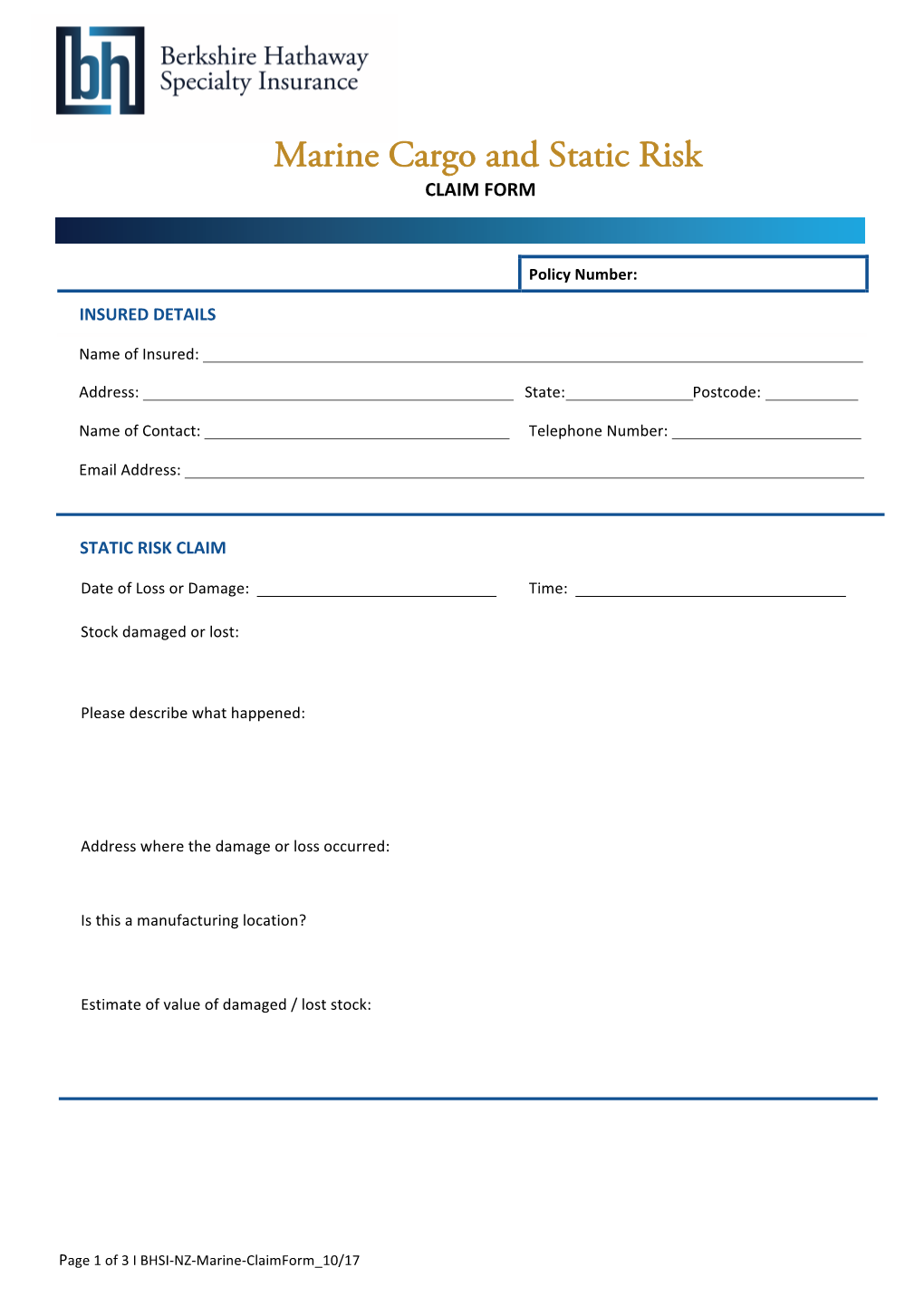 Marine Cargo and Static Risk CLAIM FORM