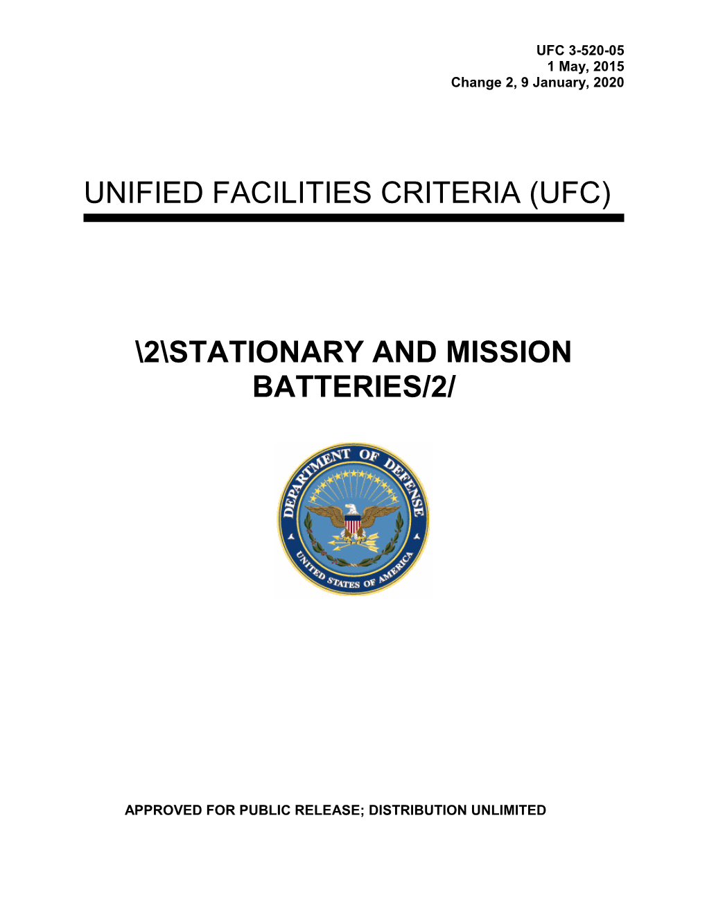 UFC 3-520-05 \2\Stationary and Mission Batteries/2/, with Change 2