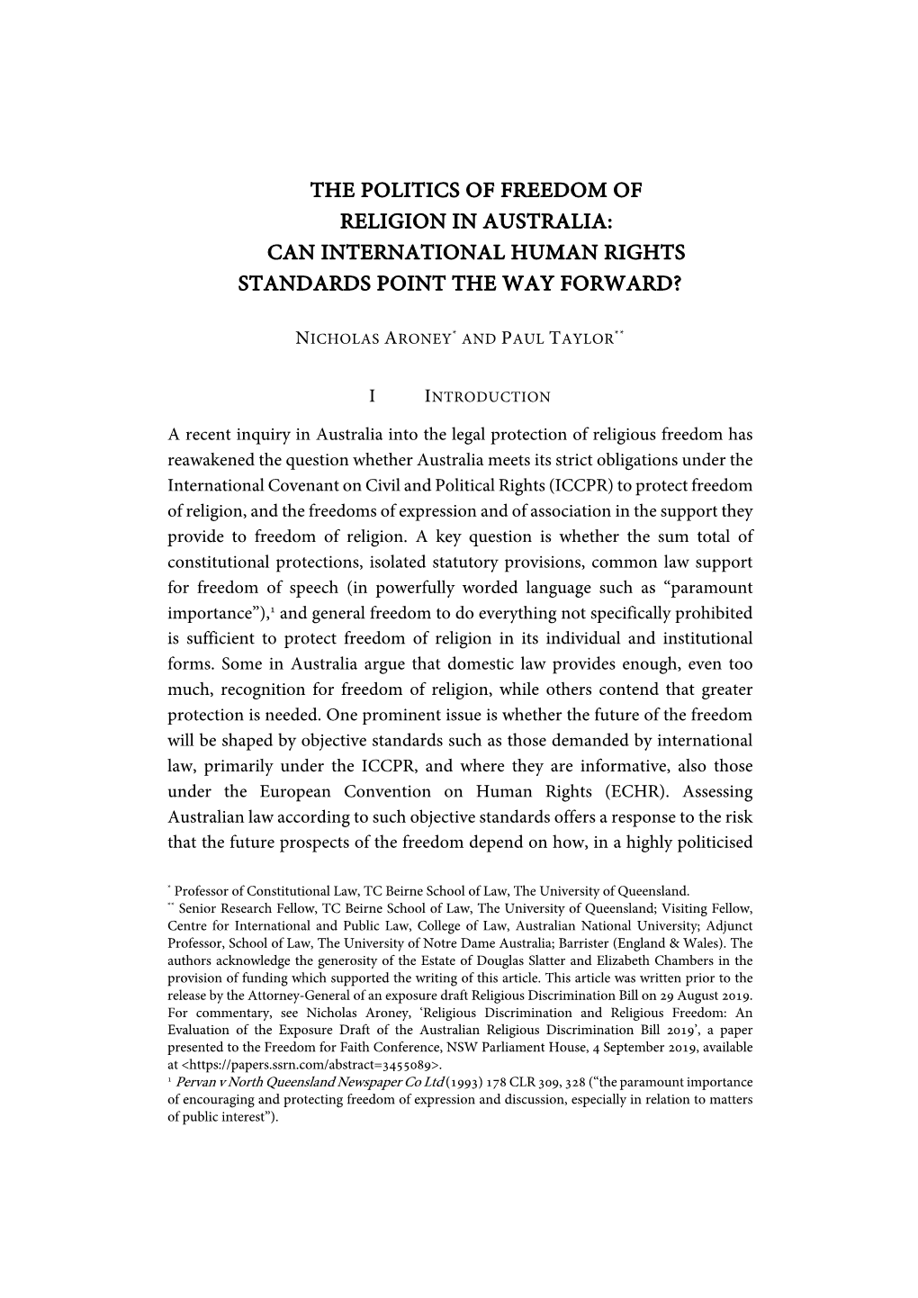 The Politics of Freedom of Religion in Australia: Can International Human Rights Standards Point the Way Forward?