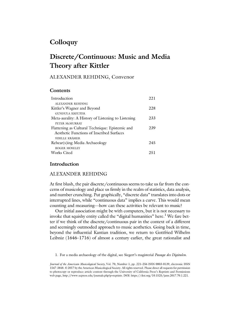 Colloquy Discrete/Continuous: Music and Media Theory After Kittler