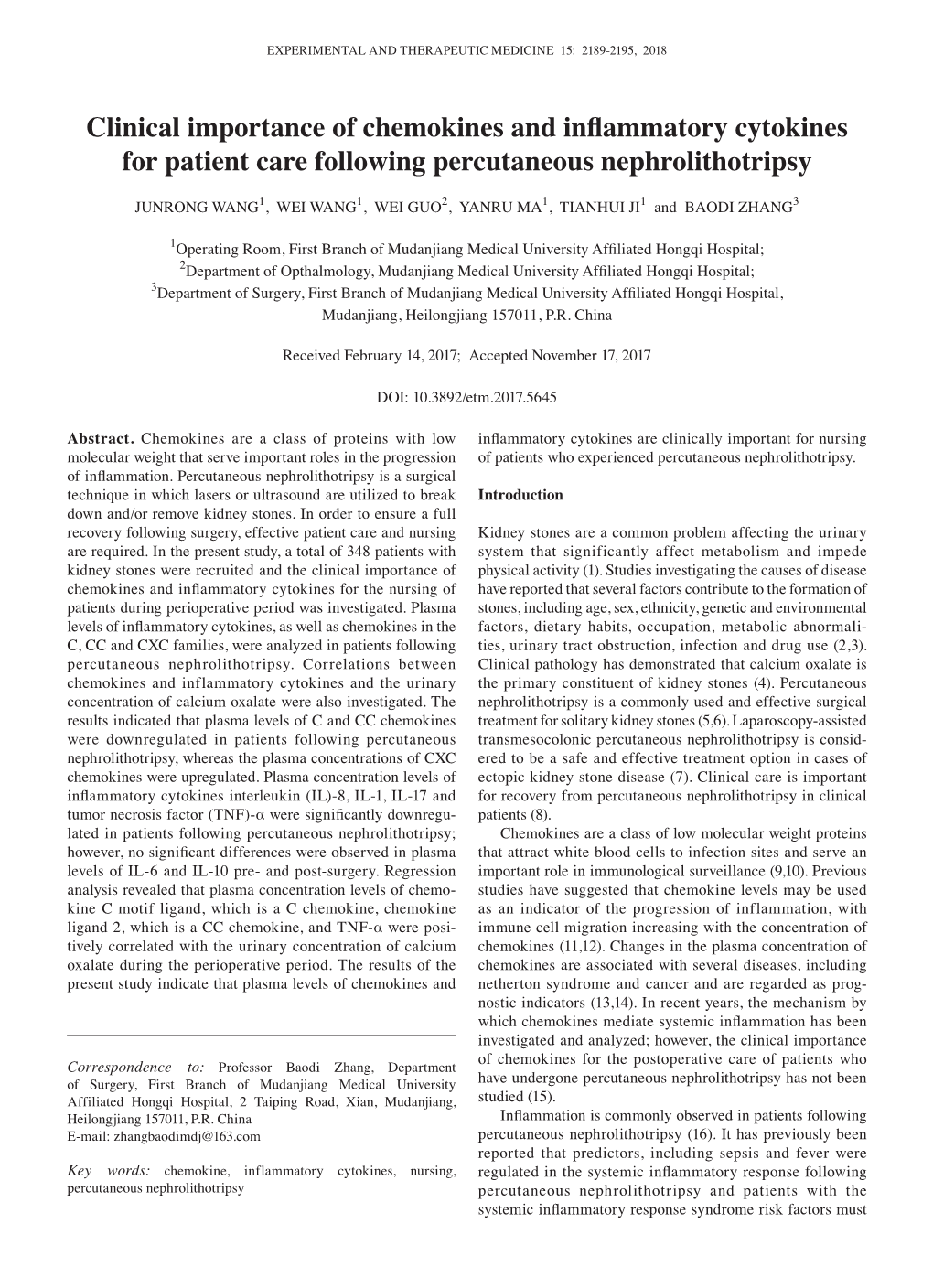 Clinical Importance of Chemokines and Inflammatory Cytokines for Patient Care Following Percutaneous Nephrolithotripsy