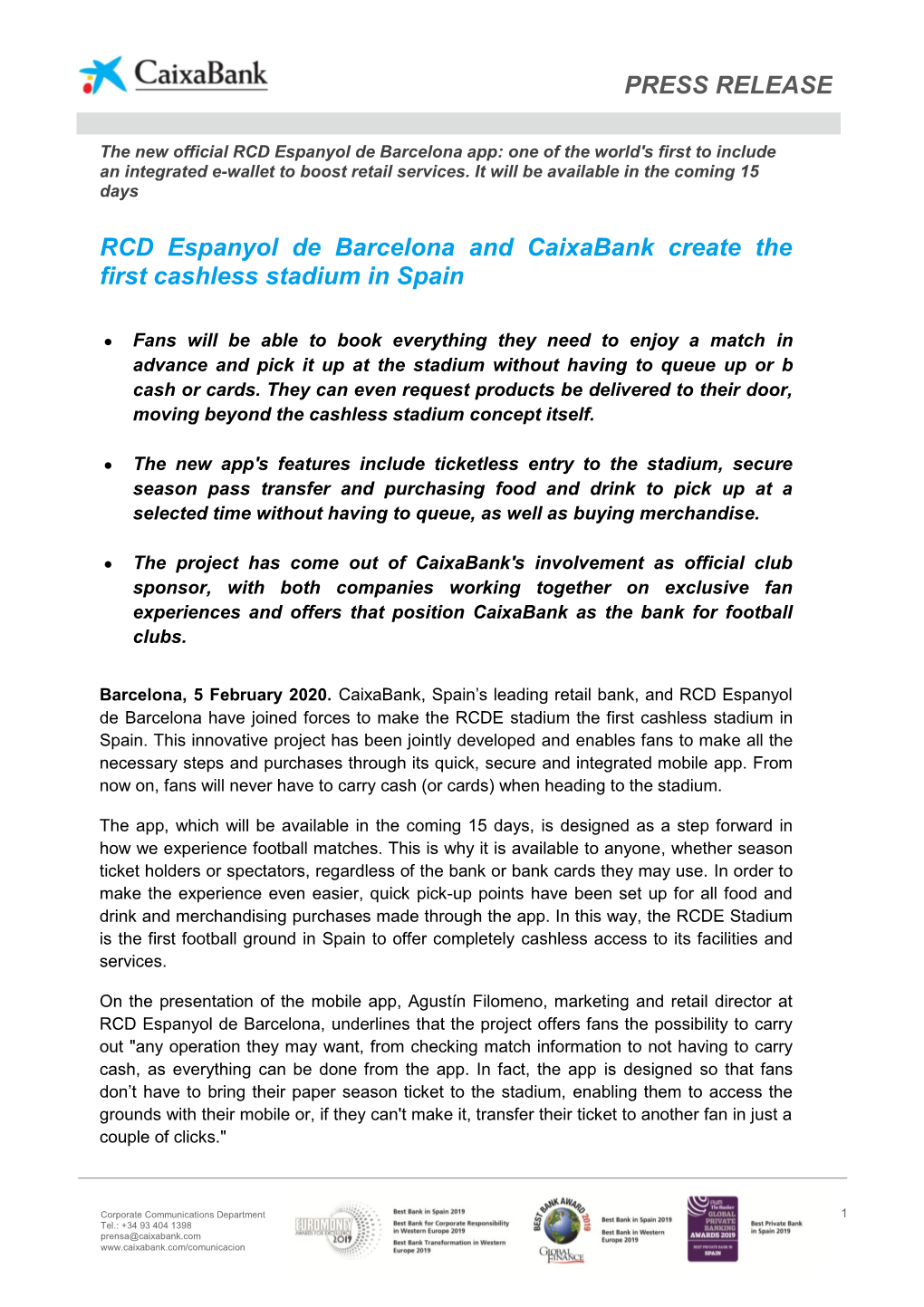 PRESS RELEASE RCD Espanyol De Barcelona and Caixabank Create