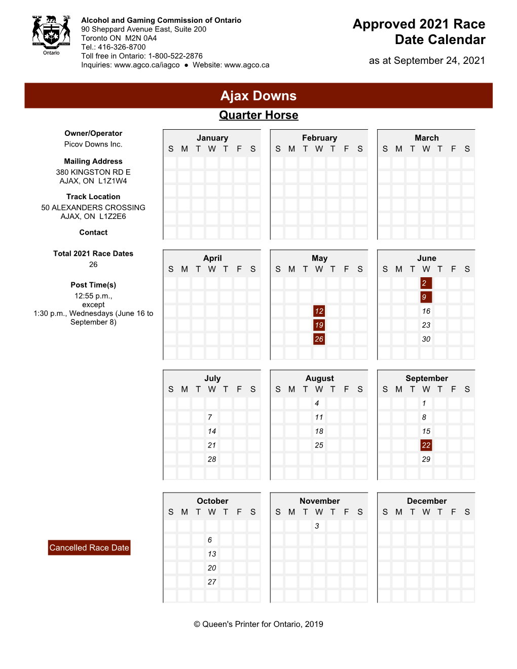 Approved 2021 Race Date Calendar Ajax Downs