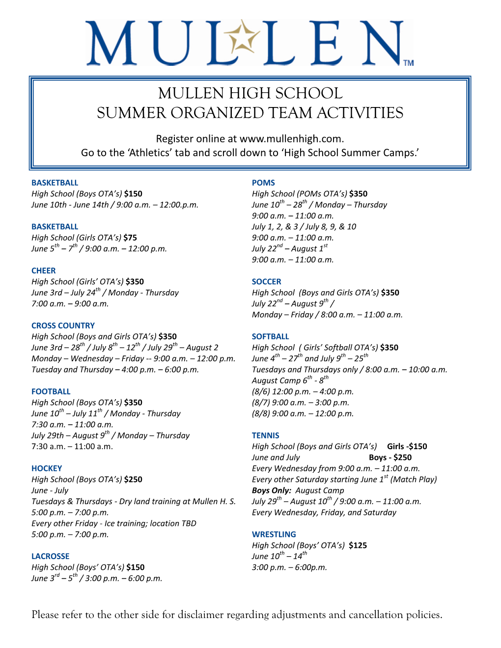 Mullen High School Summer Organized Team Activities