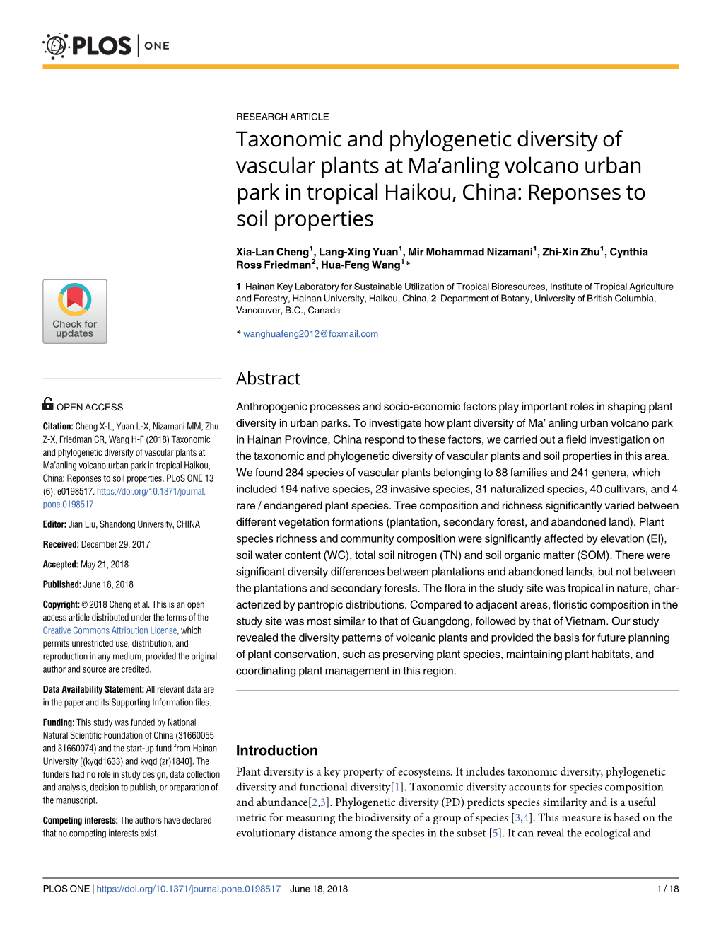 Taxonomic and Phylogenetic Diversity of Vascular Plants at Ma’Anling Volcano Urban Park in Tropical Haikou, China: Reponses to Soil Properties
