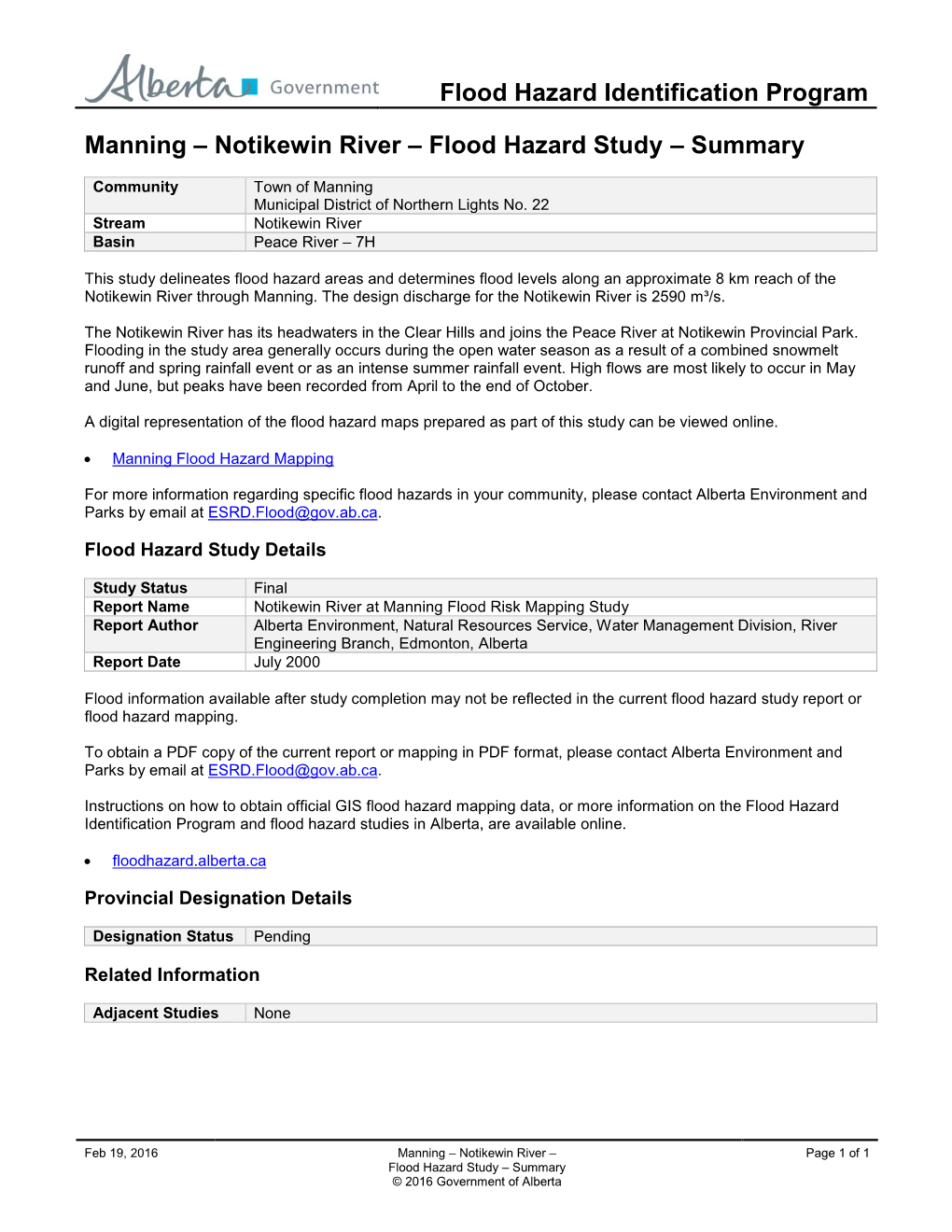 Manning – Notikewin River – Flood Hazard Study – Summary