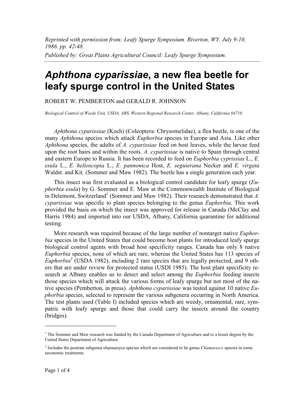 Aphthona Cyparissiae, a New Flea Beetle for Leafy Spurge Control in the United States