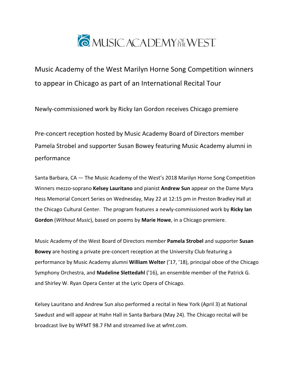 Music Academy of the West Marilyn Horne Song Competition Winners to Appear in Chicago As Part of an International Recital Tour