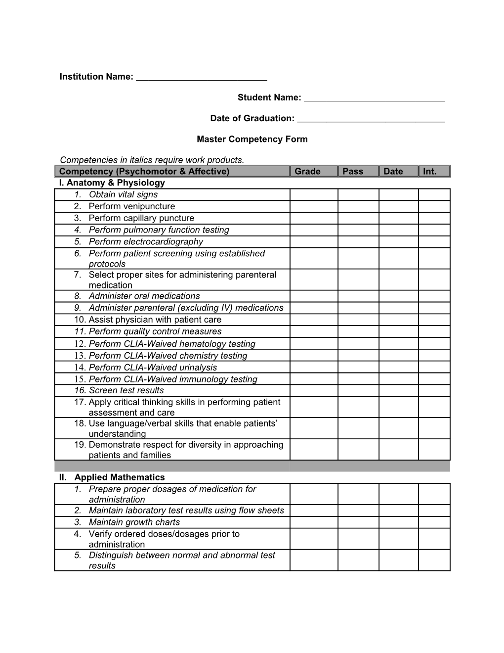 Master Competency Check Sheet