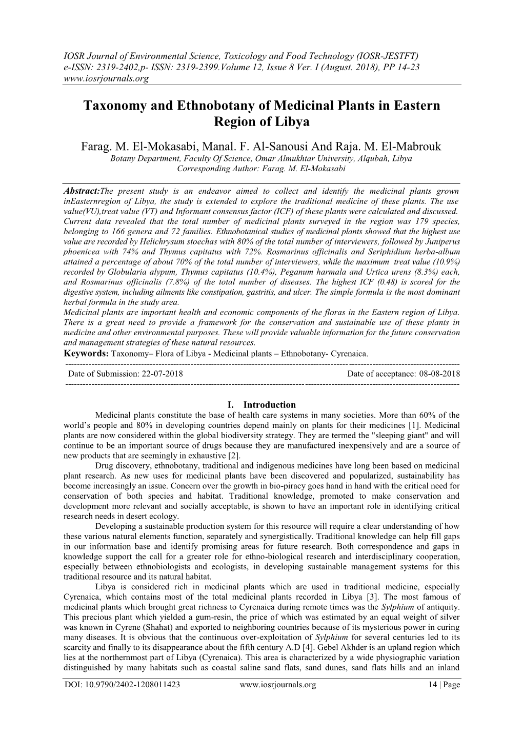 Taxonomy and Ethnobotany of Medicinal Plants in Eastern Region of Libya