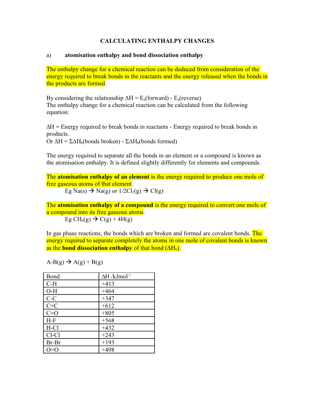 Calculating Enthalpy Changes