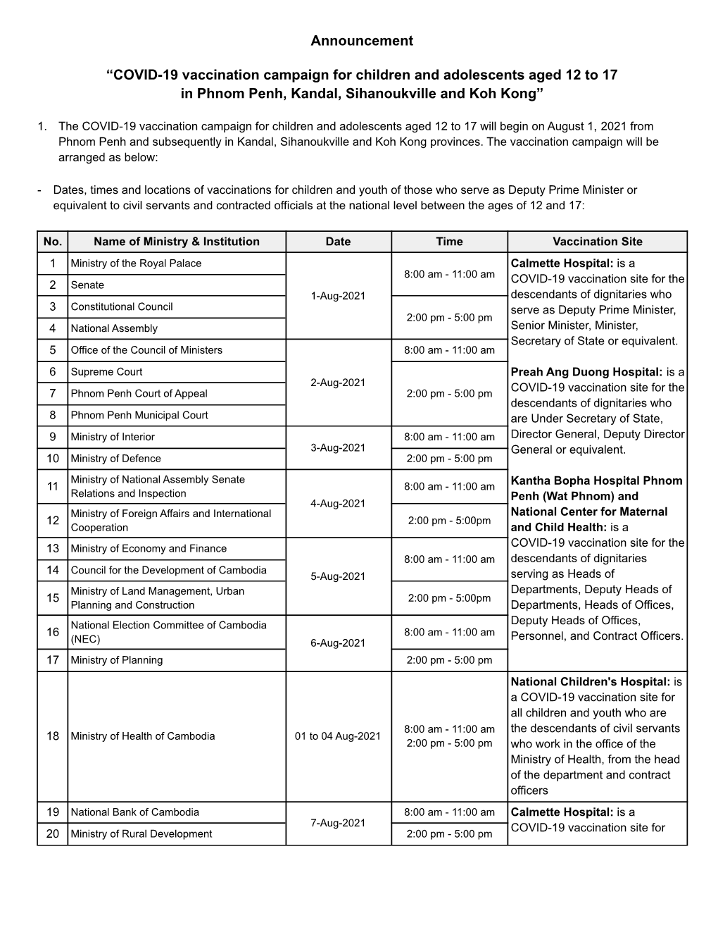 Anncouncement from the MOH of COVID-19 Vaccination Campaign for Children and Adolescents Aged 12 to 17