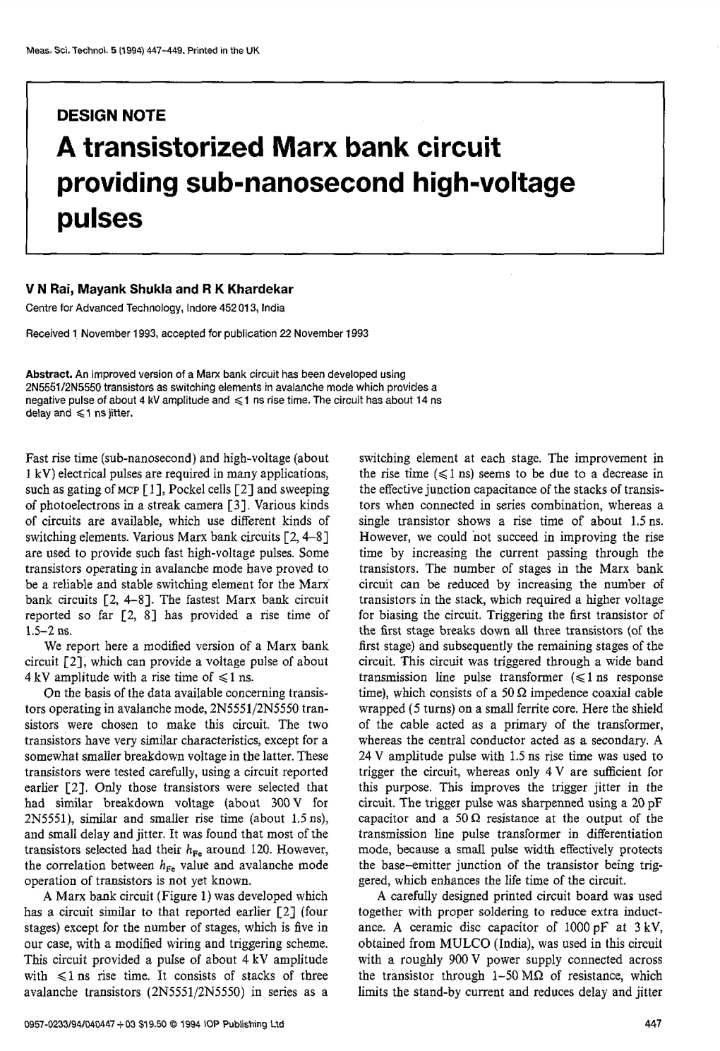 A Transistorized Marx Bank Circuit Providing Sub-Nanosecond High-Voltage Pulses