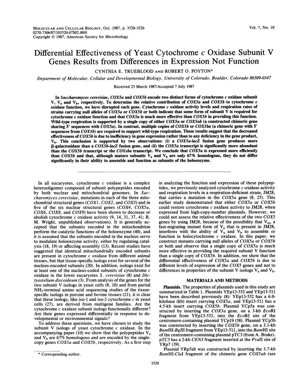 Differential Effectiveness of Yeast Cytochrome C Oxidase Subunit Genes Results from Differences in Expression Not Function
